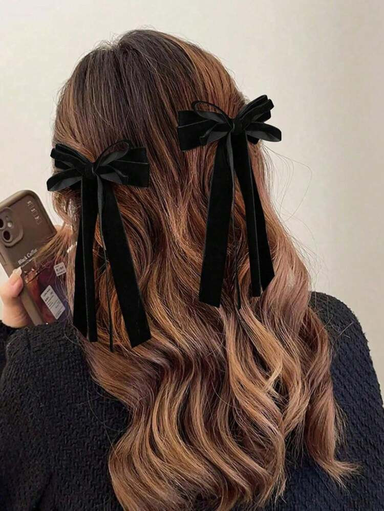 2pcs Black Velvet Bow Hair Clips, Double-Layer Bow Headband, Long Tail Bow, Women's Daily Wear Hair Accessories For Autumn/Winter, Metal Hair Clips, Christmas Gift, Hair Claw | SHEIN