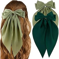 Silky Satin Green Oversized Bowknot Bow Hair Accessories: 2 Pcs Large Hair Barrettes With Long Ta... | Amazon (US)
