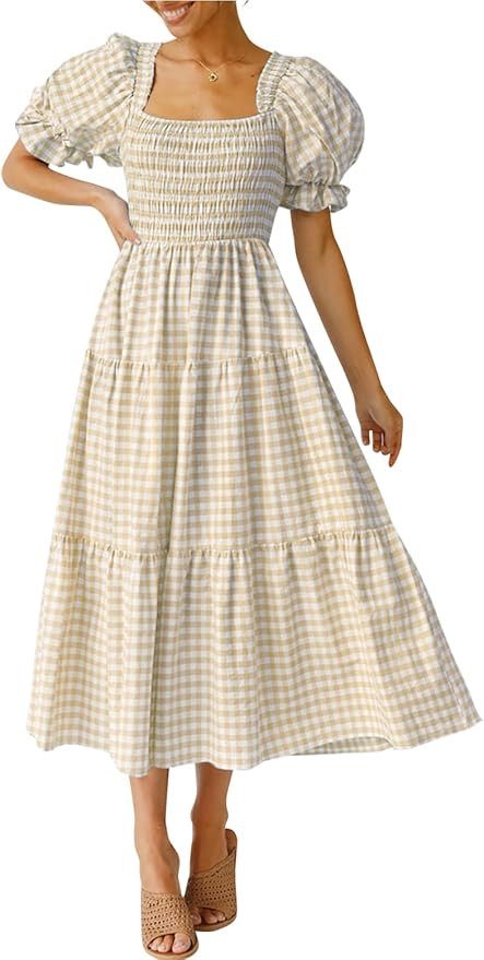 ZCSIA Women's Summer Boho Plaid Square Neck Short Puff Sleeve Smocked Flowy Ruffle Beach Tiered M... | Amazon (US)