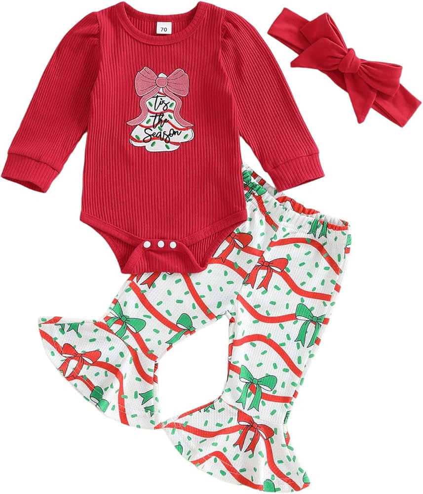 Sasaerucure Newborn Infant Baby Girl Christmas Outfits Red Long Sleeve Knit Romper + Flare Pants ... | Amazon (US)