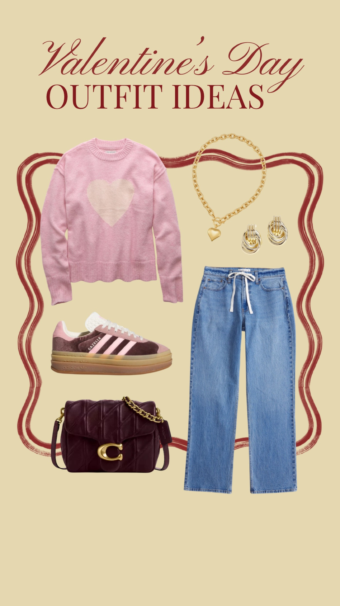 Casual Valentine’s Day Outfit Idea
.
Dressy Valentine’s Day outfit, heart sweater outfit idea, pink outfit inspo, brown outfit inspiration, burgundy outfit, brown accessories, adidas gazelle platform sneaker, quilted purse, chunky earrings, gold jewelry 

#LTKHoliday #LTKStyleTip #LTKFindsUnder100