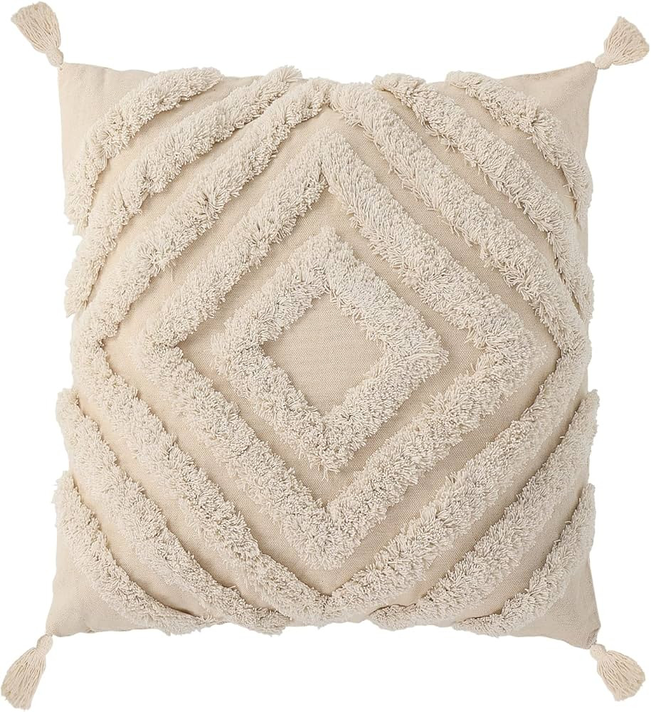 Grevosea Boho Cushion Covers with Tassels, Tufted Throw Pillow Covers Beige Woven Square Pillow C... | Amazon (UK)