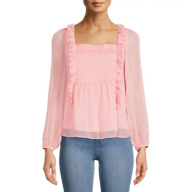 Time and Tru Women's Smocked Ruffle Top with Long Sleeves | Walmart (US)