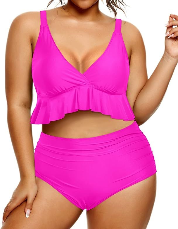 Yonique Women Plus Size Two Piece Swimsuits High Waisted Bikini Set Tummy Control Bathing Suits ... | Amazon (US)