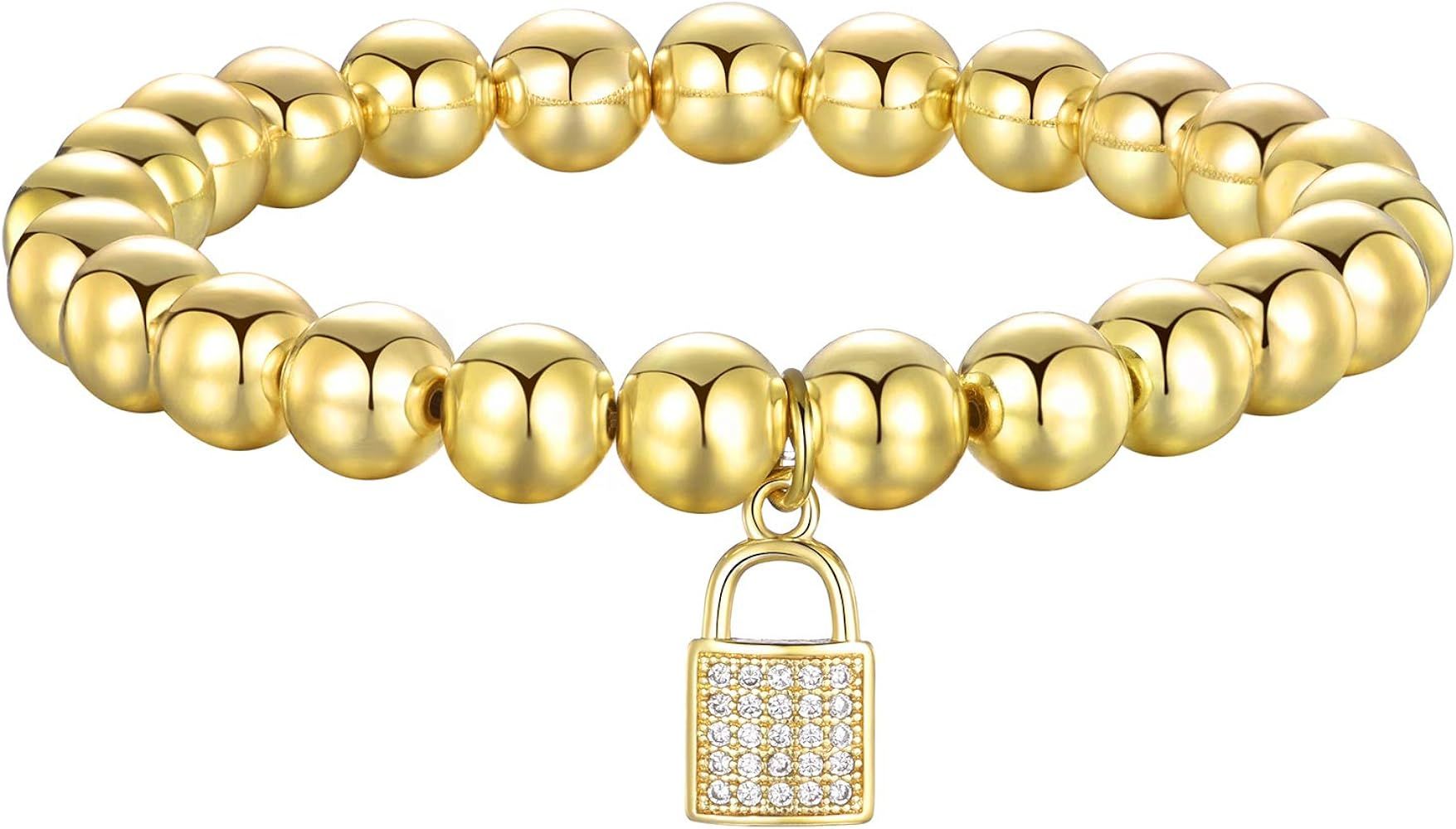 Dndty 14K Gold Plated Bead Ball Bracelets Stretchable Elastic Gold Beaded Bracelets for Women | Amazon (US)