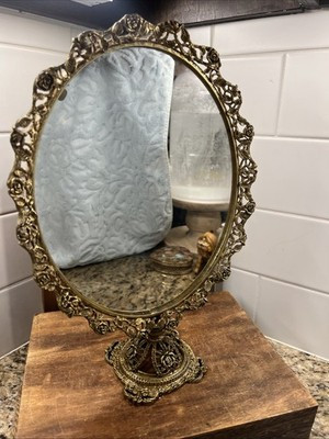 💐 Large Vintage Brass Ornate Hollywood Regency Standing Vanity Mirror 13” H | eBay US