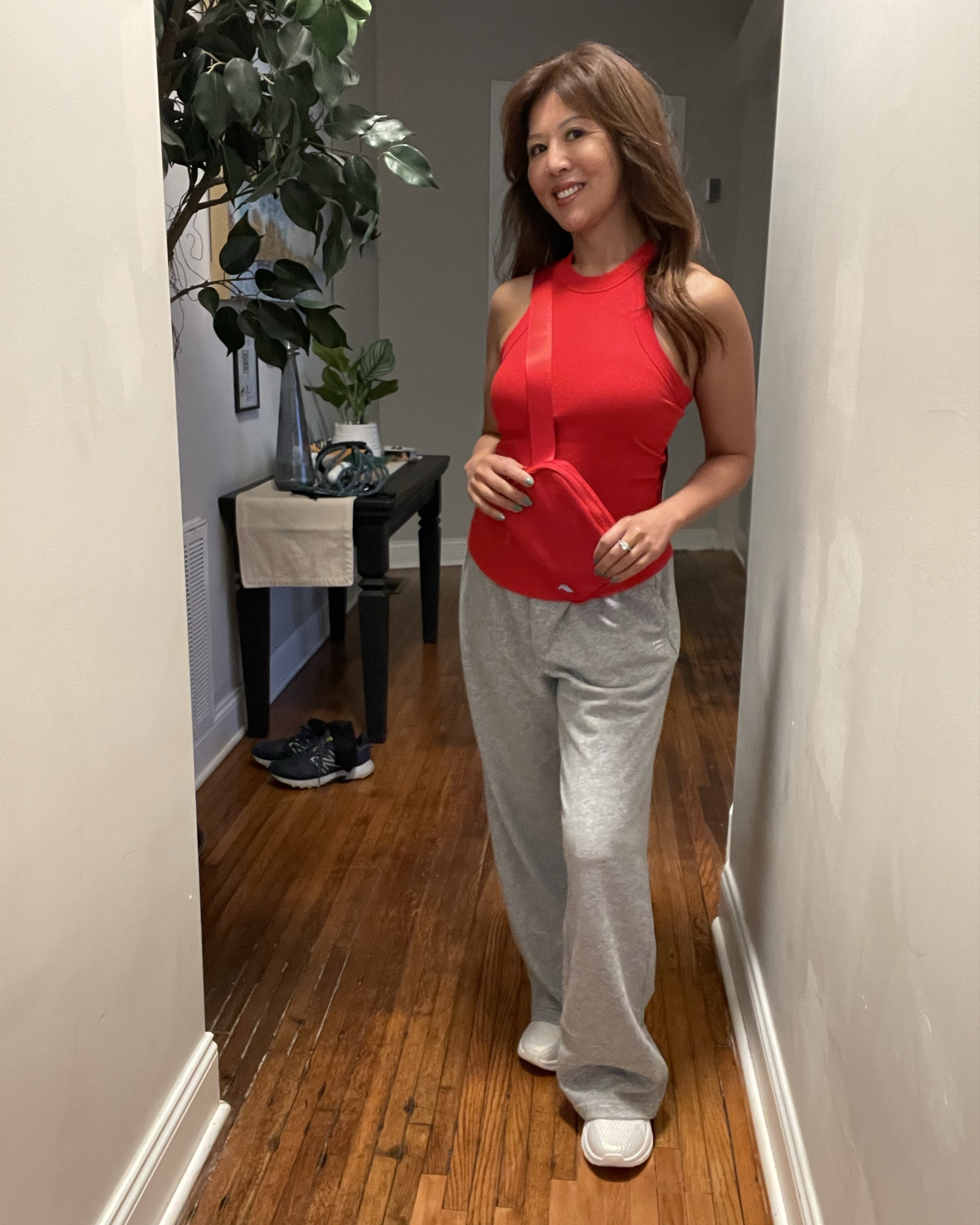 Fabletics Red tank top with built in bra , wide legged grey sweatpants, Red Cross body belt bag | athletic look | size small

#LTKActive #LTKItBag #LTKStyleTip