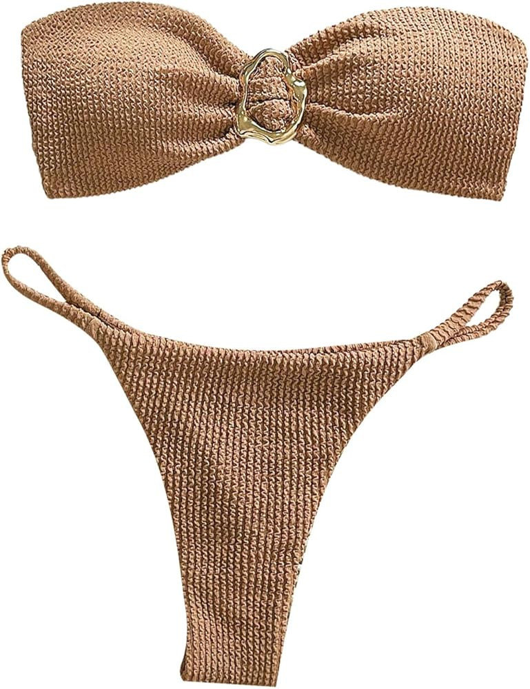 GORGLITTER Women's Crochet Bikini Sets Tube Top Bathing Suits Metal Ring Strapless High Cut Swims... | Amazon (US)