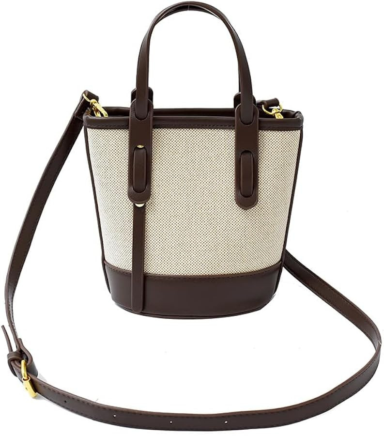 Small Bucket Bag for Women, Canvas Tote Purse with PU Leather Trim, Mini Crossbody Shoulder Bag w... | Amazon (US)