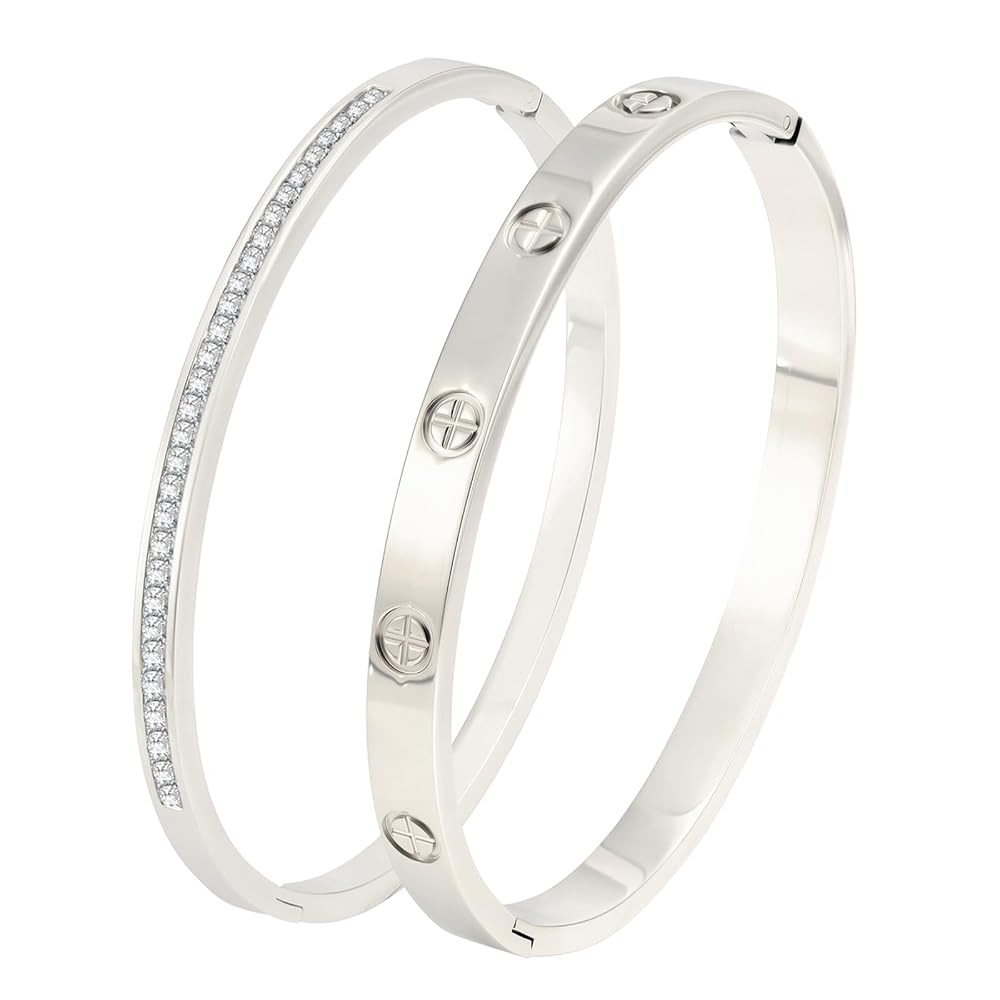 Gold Bangle Bracelets for Women - 2PCS 18 K Gold Plated Stainless Steel Love Bangle Friendship St... | Amazon (US)