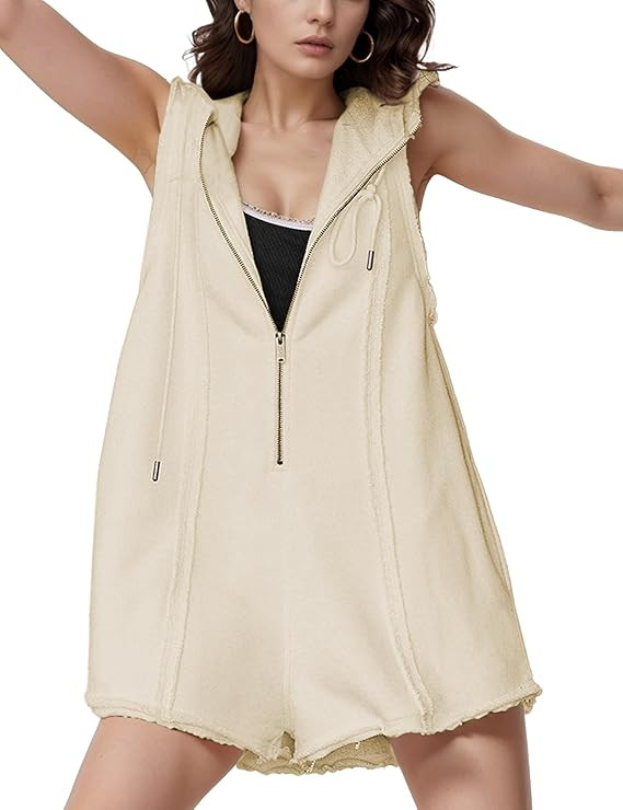 Rompers for Women Athletic Workout Hooded Romper Casual Zip-Front Neck Jumpsuits Overalls with Po... | Amazon (US)