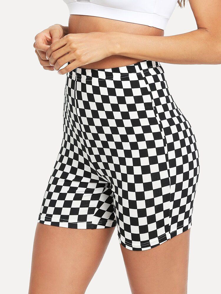 SHEIN Checkered Print High-Rise Biker Shorts | SHEIN