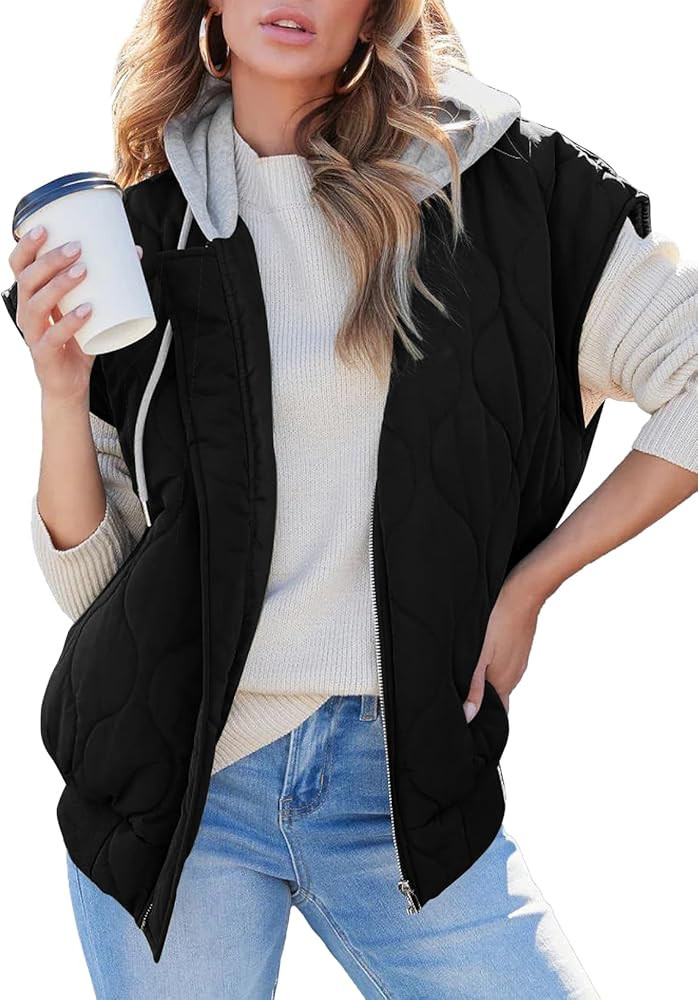 EVALESS Hooded Puffer Vest Women 2024 Zip Up Sleeveless Quilted Vests with Pockets | Amazon (US)