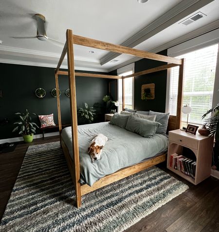 Our primary bedroom with dark green walls and mid toned wood accents. 

#LTKFind #LTKhome #LTKfamily