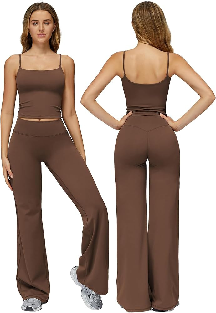 ABOCIW Womens Workout Sets 2 Piece Spaghetti Straps Crop Top Straight Leg Yoga Pants Yoga Pilates... | Amazon (US)