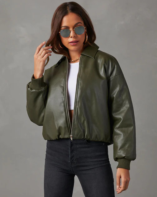 Miles Collared Faux Leather Bomber Jacket - Green | VICI
