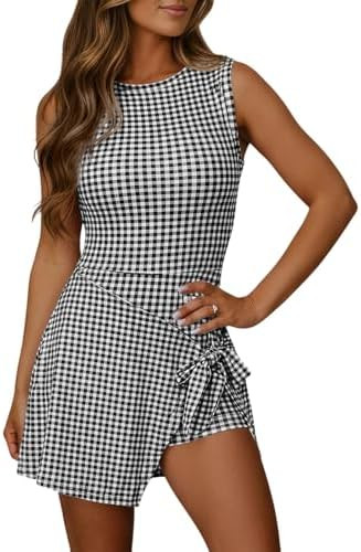 Wenrine Womens Summer Backless Mini Dress Gingham Wrap Tie Waist Romper Skort Built in Shorts Vac... | Amazon (US)