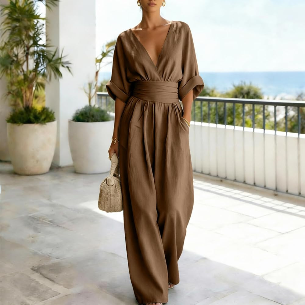 Women's Jumpsuits High Waist Wide Leg Jumpsuit Wrap V Neck Half Sleeve Long Romper Dressy Elegant... | Amazon (US)