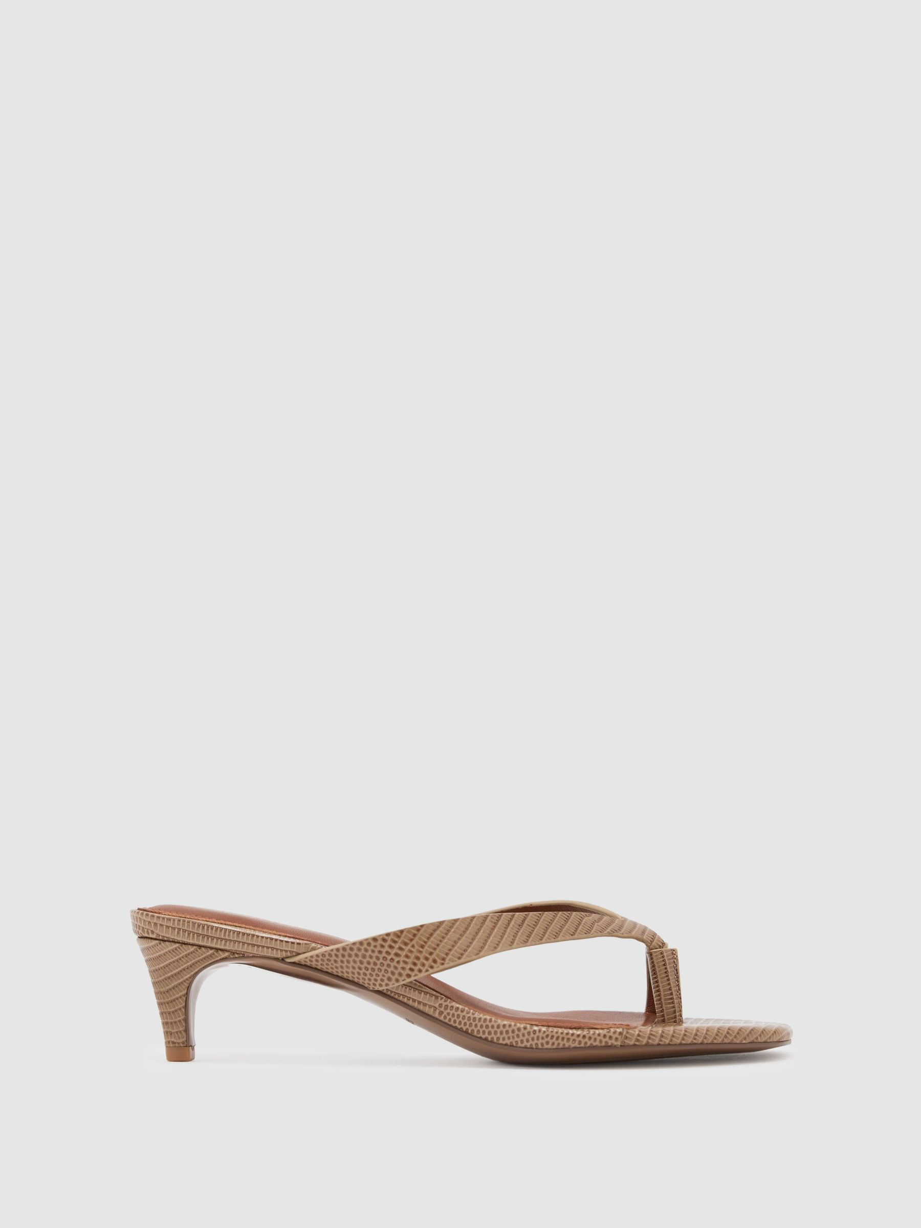 Leather Lizard-Effect Kitten-Heel Sandals in Neutral | Reiss UK