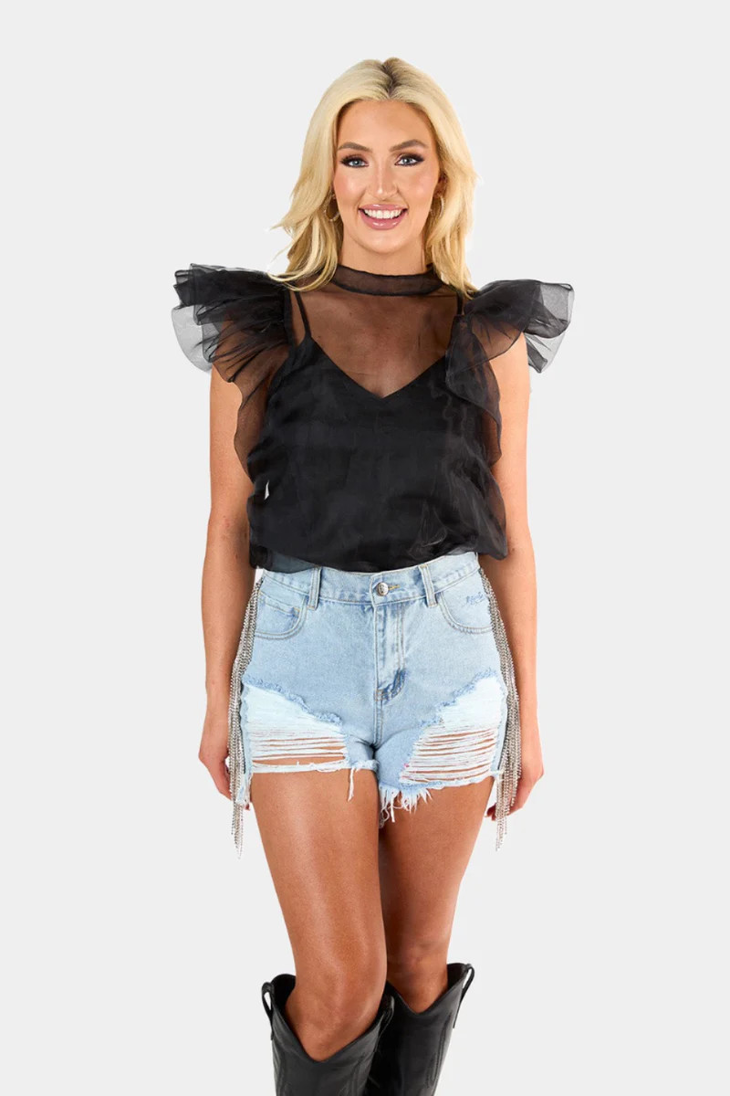 BuddyLove | Kaycee Organza Ruffle Sleeve Top | Black | BuddyLove