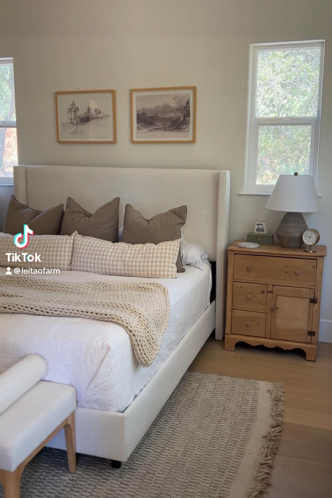 finally hung pictures above our bed. Nonpersonal art ... of course! 
Loving the way our master bedroom has come together. The final nightstand completed the room after 3 years here🤣😅 #antiquefurniture #refinishedfurniture #nightstand 

#LTKVideo #LTKSaleAlert #LTKHome