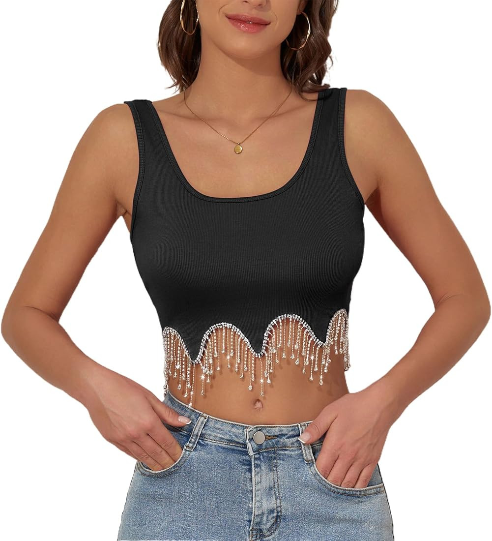 Komorebi Rhinestone Fringe Top Crop Tank Top Rhinestone Top Sequin Top Sparkly Top Sleeveless Tan... | Amazon (US)
