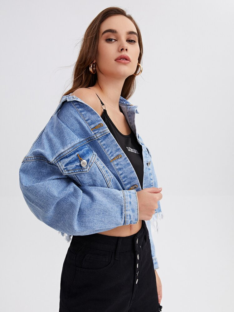 Solid Raw Hem Drop Shoulder Denim Jacket | SHEIN
