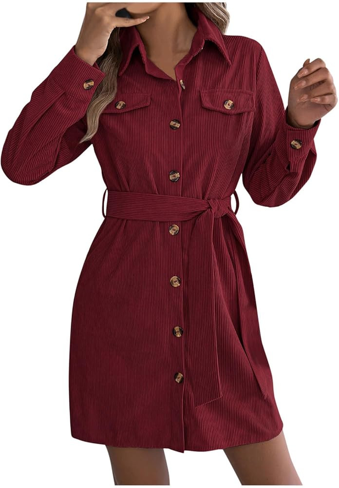 Womens Corduroy Midi Dress Fall Winter Dressy Casual Long Sleeve V Neck Button Down Belted Shirt ... | Amazon (US)