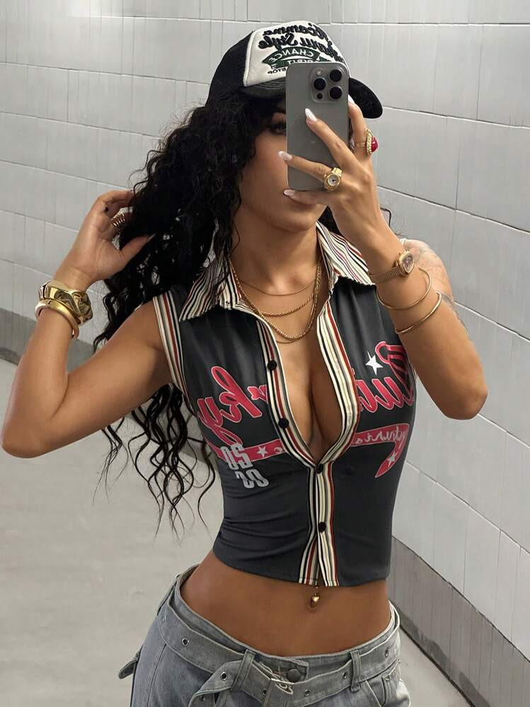 StreetHx Women's Casual Street Patchwork Contrast Color Letter Print Shirt | SHEIN