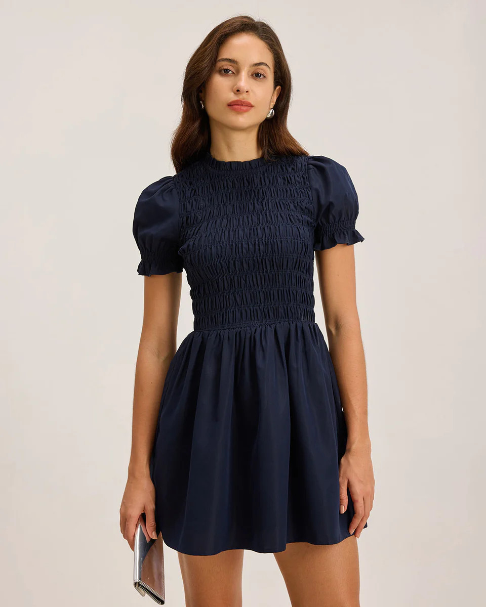 Blue Shirred Puffed Sleeve Mini Dress | rihoas.com
