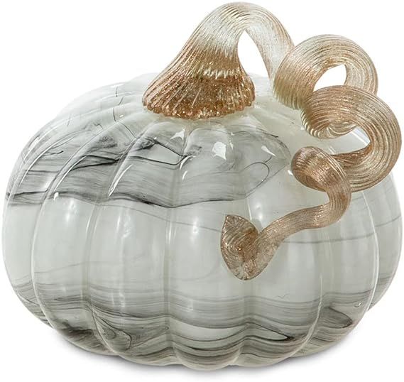 glitzhome Hand Blown Glass Pumpkin Table Accent for Fall Harvest Decorating for Mother Gray Marbl... | Amazon (US)