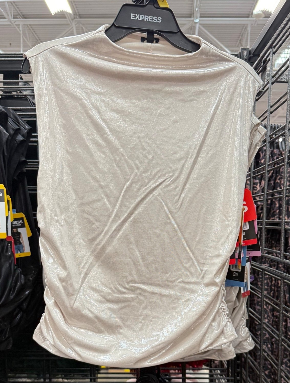 Silver Sparkly Mock-Neck Tank

Chic silver metallic tank for Christmas parties or New Year’s celebrations. Dress up with trousers or a satin skirt.
silver sparkly top, festive blouse, holiday party outfit, Sam’s Club style