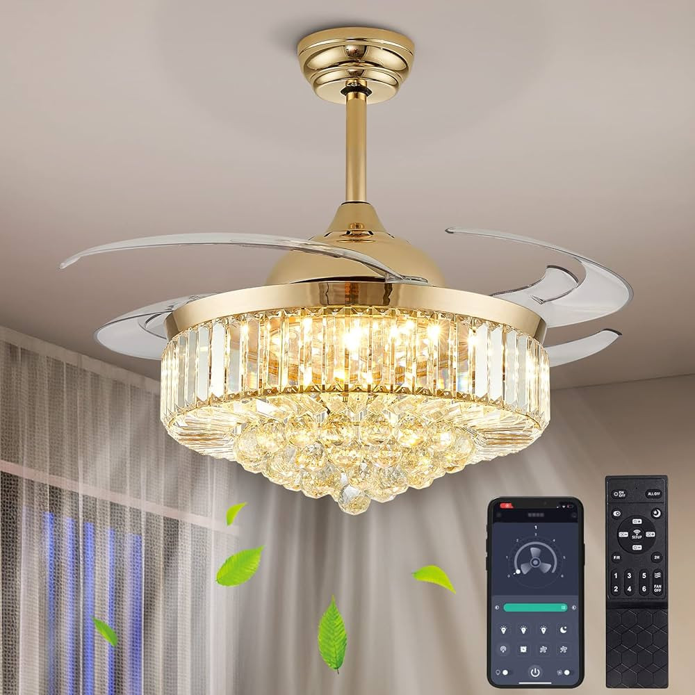 CROSSIO 48" Modern Gold Crystal Ceiling Fan with Light and Remote Crystal Fandelier LED Dimmable ... | Amazon (US)