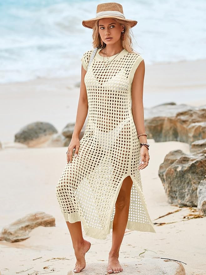 Saodimallsu Womens Crochet Swimsuit Coverup Summer Sleeveless Hollow Out Knit Crewneck Side Split... | Amazon (US)