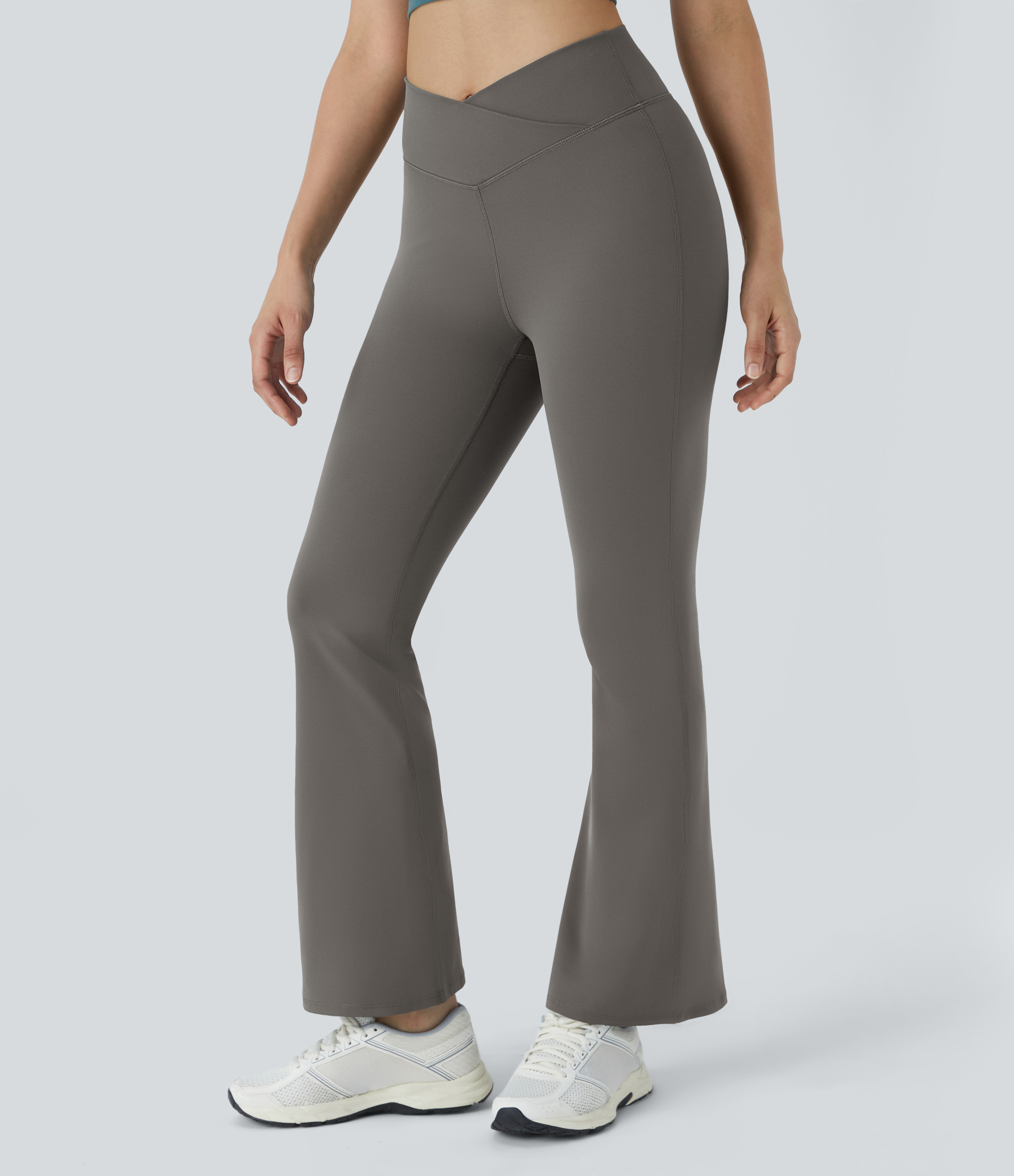 Halara High Waisted Crossover Flare Yoga Leggings  - Deep Red Grey - XL(regular) gym leggings leggings with pockets leggings with butt lift | HALARA