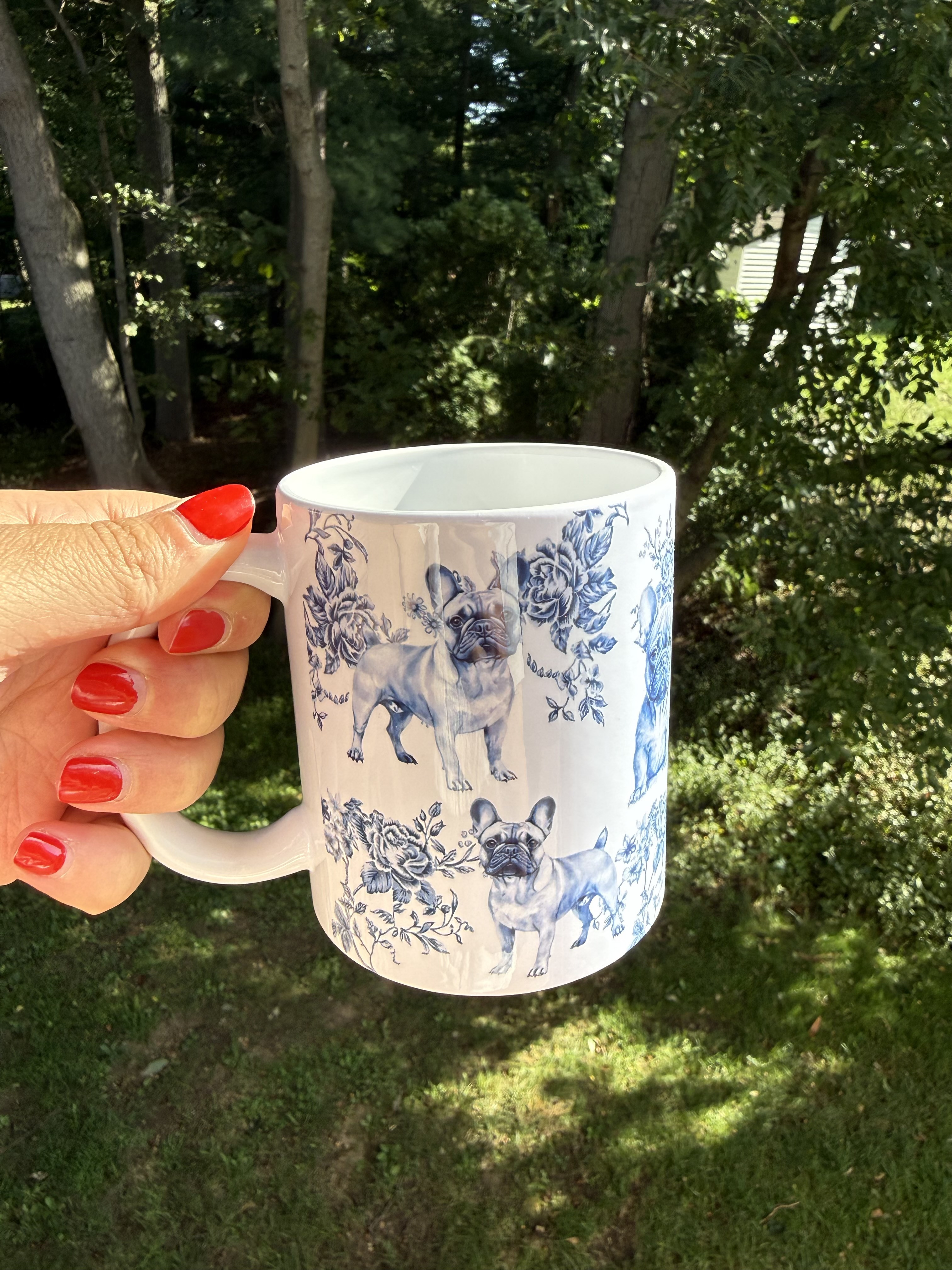 This blue and white Frenchie mug is too cute! The toile-inspired print gives it so much personality, and it would make such a fun gift for any dog lover. Such a sweet find for your morning coffee or tea. 

 #LTKmomlife #LTKmorningroutine #LTKselfcare
