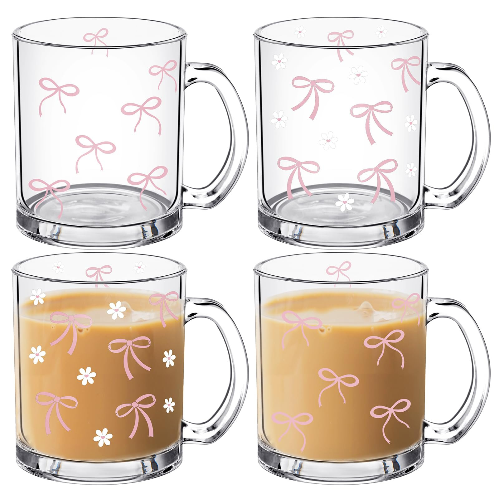 4 PCS Coquette Bow Glass Cups with Handle 12 oz Pink Bow Iced Coffee Cups Coquette Bow Gifts Coff... | Amazon (US)