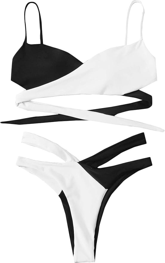 Verdusa Women's 2 Piece Swimsuit Color Block Wrap High Cut Panty Bikini Set | Amazon (US)