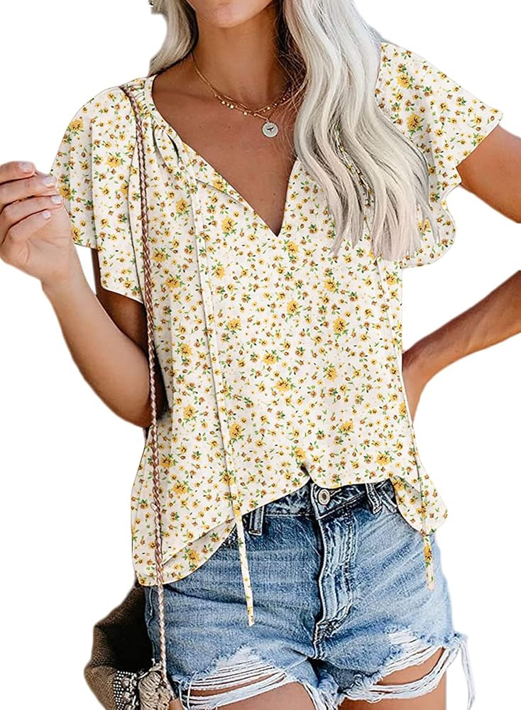 SimpleFun Women's Boho Tops Floral V Neck Short Sleeve Summer Blouse Shirts | Amazon (US)