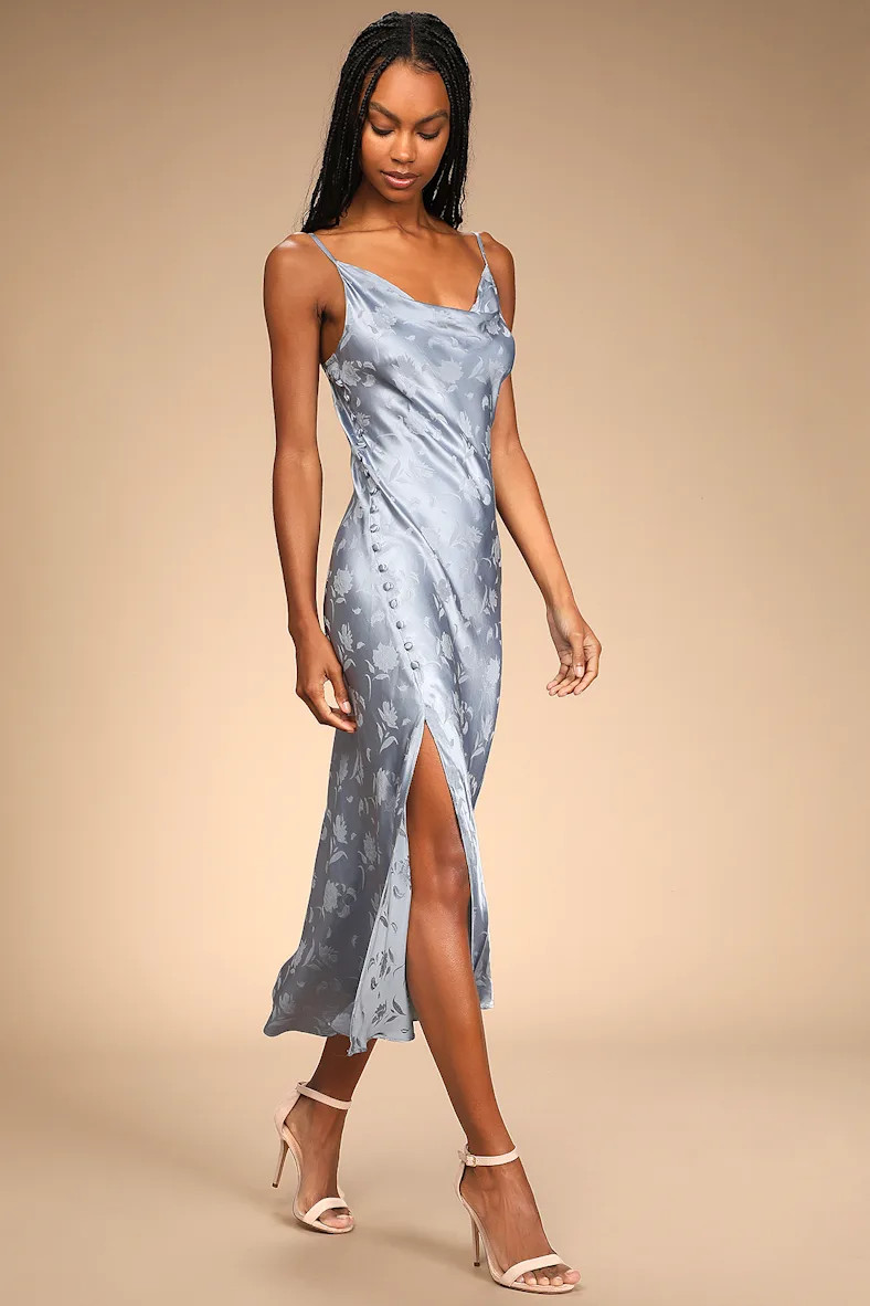 All About You Slate Blue Floral Jacquard Satin Midi Dress | Lulus (US)