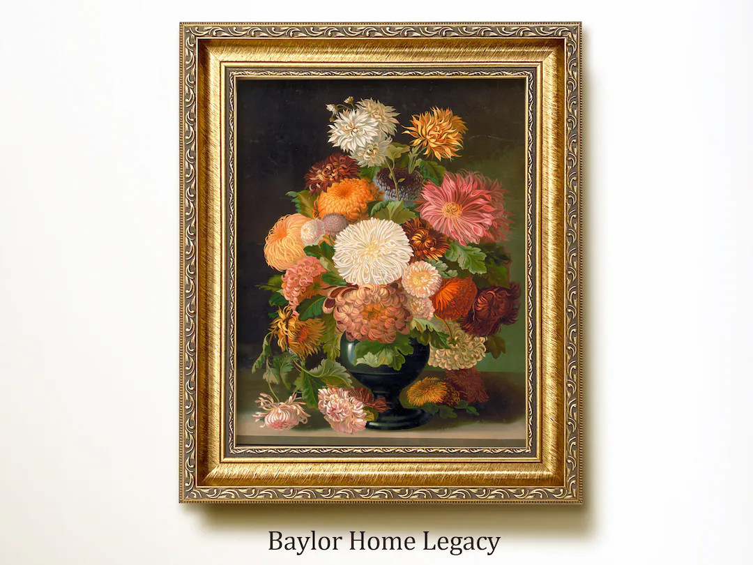 Framed Still Life of Chrysanthemums Oil Painting Canvas Print, Framed Vintage Floral Artwork, Fra... | Etsy (US)