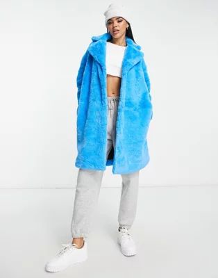 QED London faux fur coat in blue | ASOS | ASOS (Global)