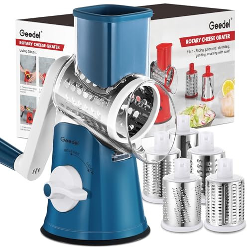 Geedel Rotary Cheese Grater Cheese Shredder - Upgraded 5-in-1 Cheese Grater with Handle and Strong Suction Base, Multi-purpose Vegetable Slicer Ice Shaver Nuts Grinder for Ice, Vegetables, Fruit, Nuts | Amazon (US)