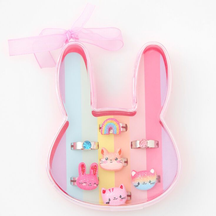 Claire's Club Silver Bunny, Hamster, & Rainbow Rings - 7 Pack | Claire's (US)