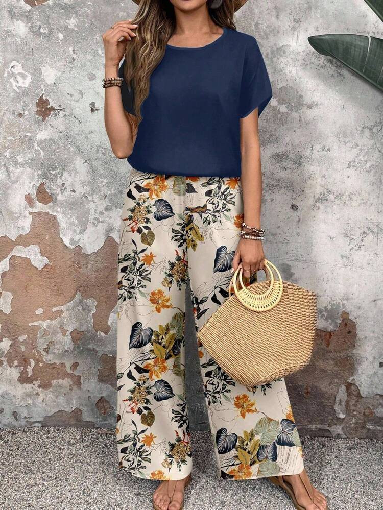 EMERY ROSE 2pcs/Set Women Casual Floral Pattern Round Neck Top And Loose Pants, Versatile For Autumn & Summer Women Wide Leg Pants Floral Pants,Casual | SHEIN