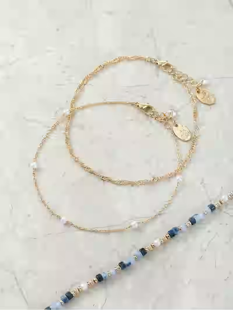 Time and Tru Goldtone Anklet Set, Beaded, Blue, 3 Pieces | Walmart (US)