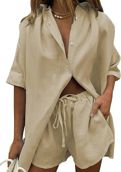 Fixmatti Women 2 Piece Outfits Long Sleeve Button Down Blouse and Shorts Sweatsuit Sets | Amazon (US)
