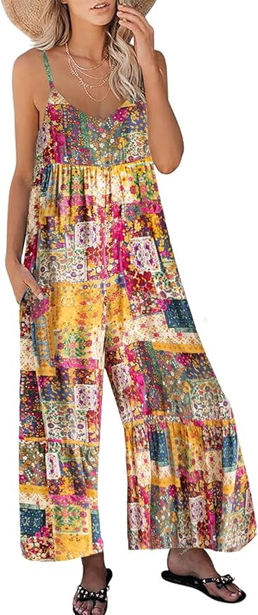 Himosyber Women's Summer Boho Jumpsuits Casual Wide Leg Bib Overalls Floral Print Rompers with Po... | Amazon (US)