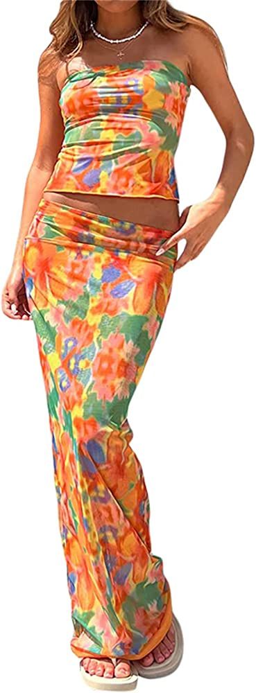 Women 2 Pieces Maxi Dress Strapless Floral Tube Bandeau Top Matching Bodycon Long Skirt Set Sexy ... | Amazon (US)