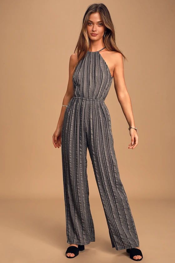 Destination Vacay Grey Striped Halter Wide-Leg Jumpsuit | Lulus